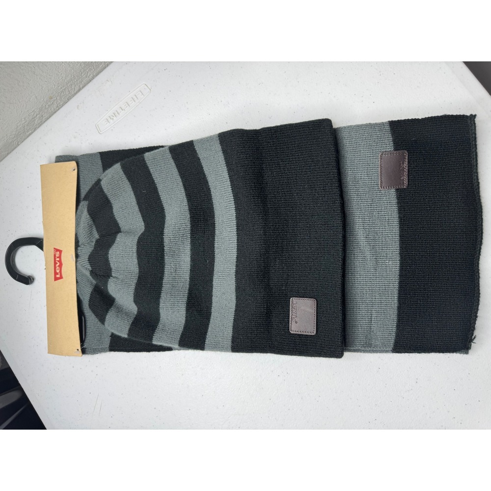 Levis Mens Hat and Scarf Set Black Grey Striped Knit Beanie Winter Accessories